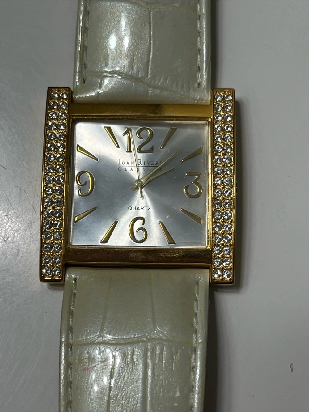 Joan Rivers Gold-Tone Square Watch with White Leather Strap and Crystal Trim
